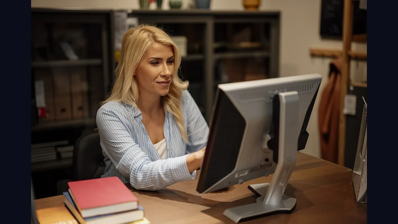 A woman working at a desktop computer in an office