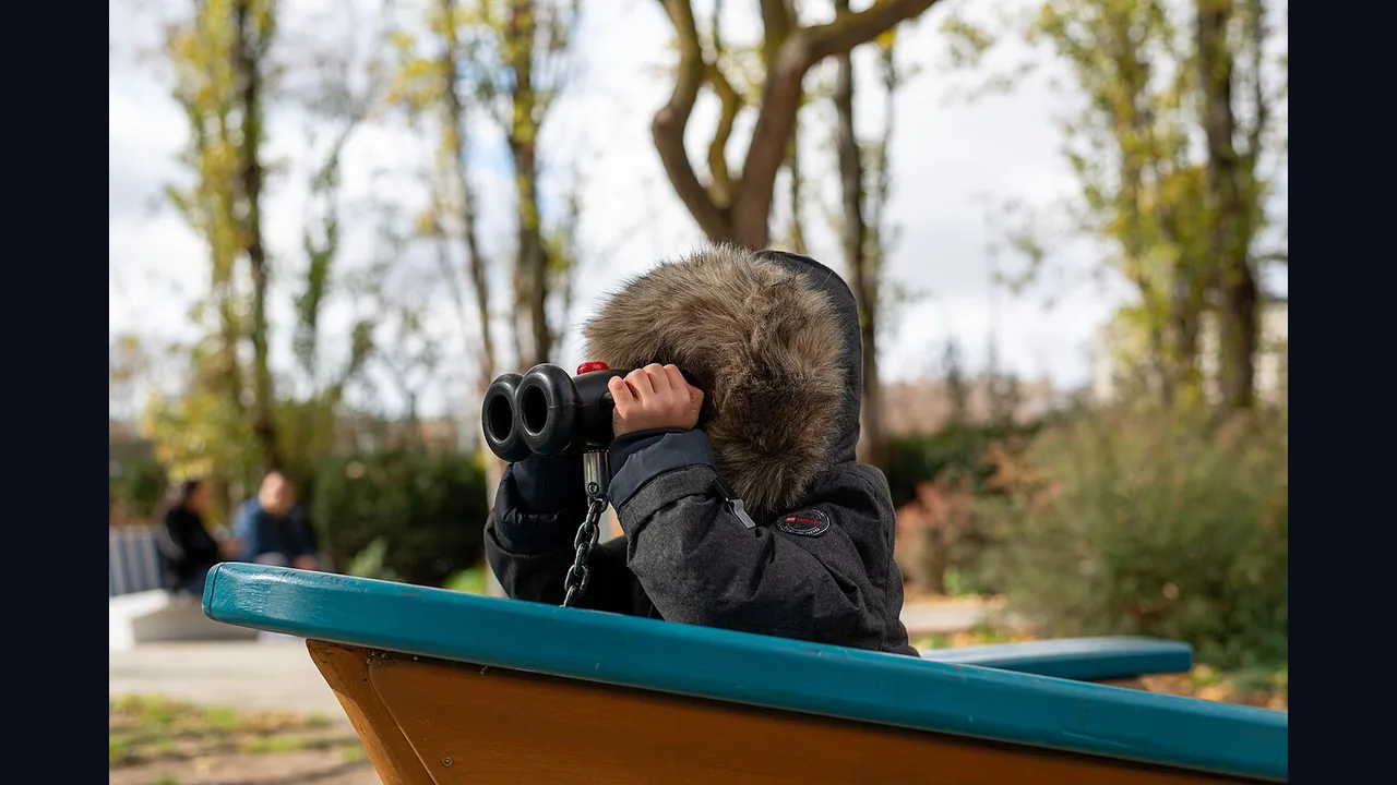 A person looking through binoculars at a playground